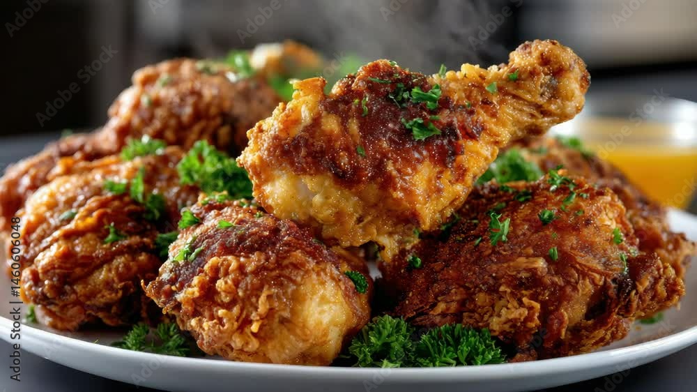 Delicious crispy fried chicken meal with fresh herbs, perfect food choice for any occasion. Delicious crispy fried chicken meal with fresh herbs, perfect food choice for any occasion.