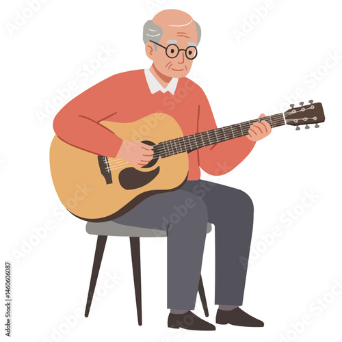 Elderly man playing guitar - silver-haired man with warm smile plays melody on guitar, his experienced fingers gently plucking strings, creating atmosphere of nostalgia and heartfelt warmth.