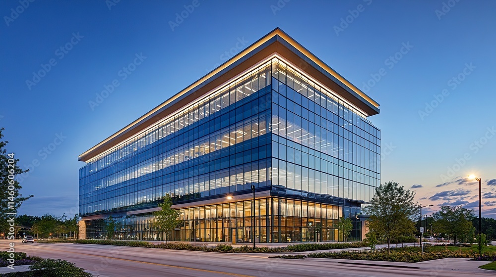 A dynamic modern structure with smooth glass panels and clean lines, representing progress and success in a thriving urban landscape