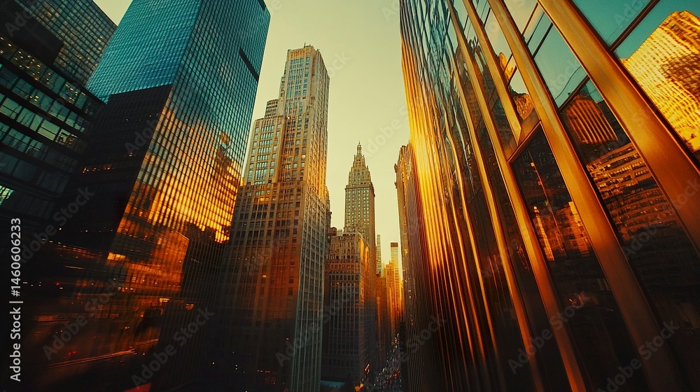 A dynamic skyline of the Financial District, highlighted by tall skyscrapers with reflective windows capturing the urban vibrancy below