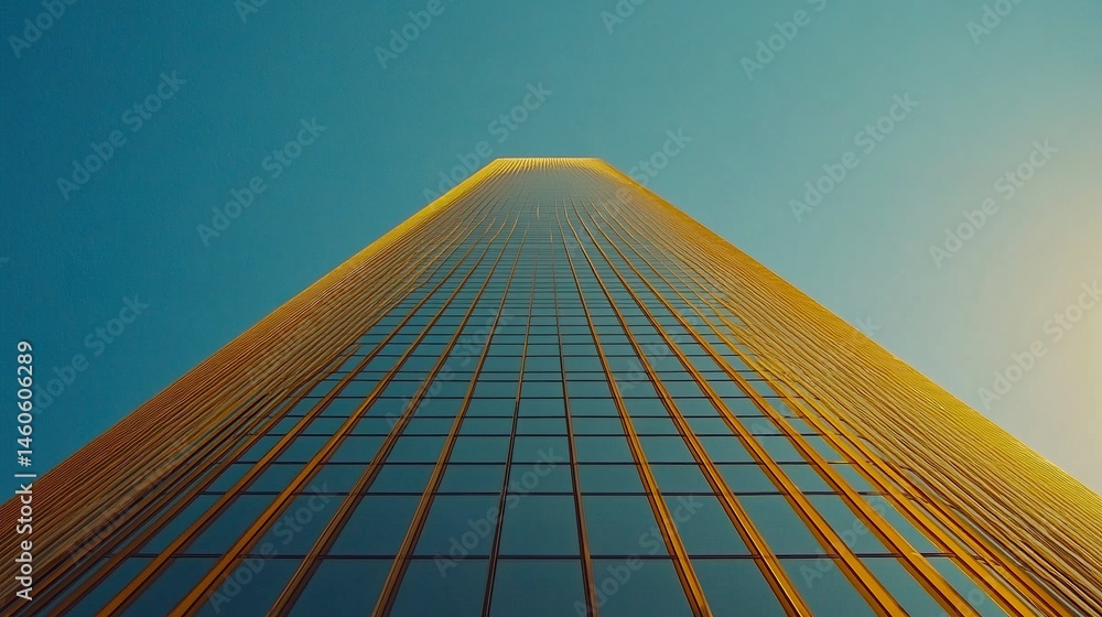 A dynamic upward perspective of a high-rise office tower with angular designs, its reflective surface shimmering under the clear blue sky in the financial hub