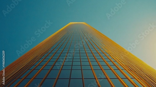 Obraz na płótnie A dynamic upward perspective of a high-rise office tower with angular designs, its reflective surface shimmering under the clear blue sky in the financial hub w salonie