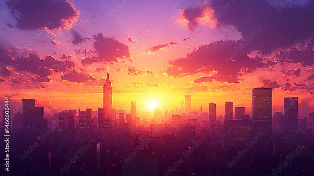 A dynamic urban scene with tall buildings silhouetted by the setting sun, the sky painted with deep oranges and purples in a breathtaking display