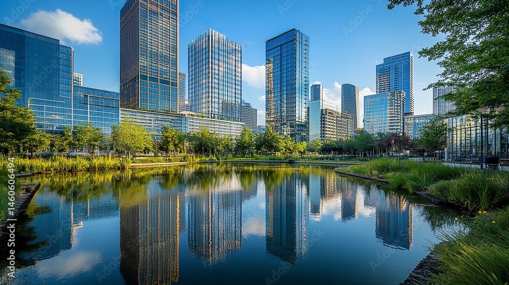 A dynamic urban setting featuring a row of modern office buildings, their reflective surfaces glinting under the sunlight, creating a vibrant and polished skyline