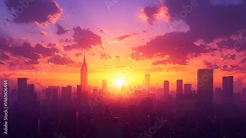 Obraz na płótnie A dynamic urban scene with tall buildings silhouetted by the setting sun, the sky painted with deep oranges and purples in a breathtaking display w salonie