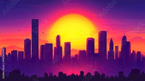 Obraz na płótnie A dynamic urban scene with tall buildings silhouetted by the setting sun, the sky painted with deep oranges and purples in a breathtaking display w salonie