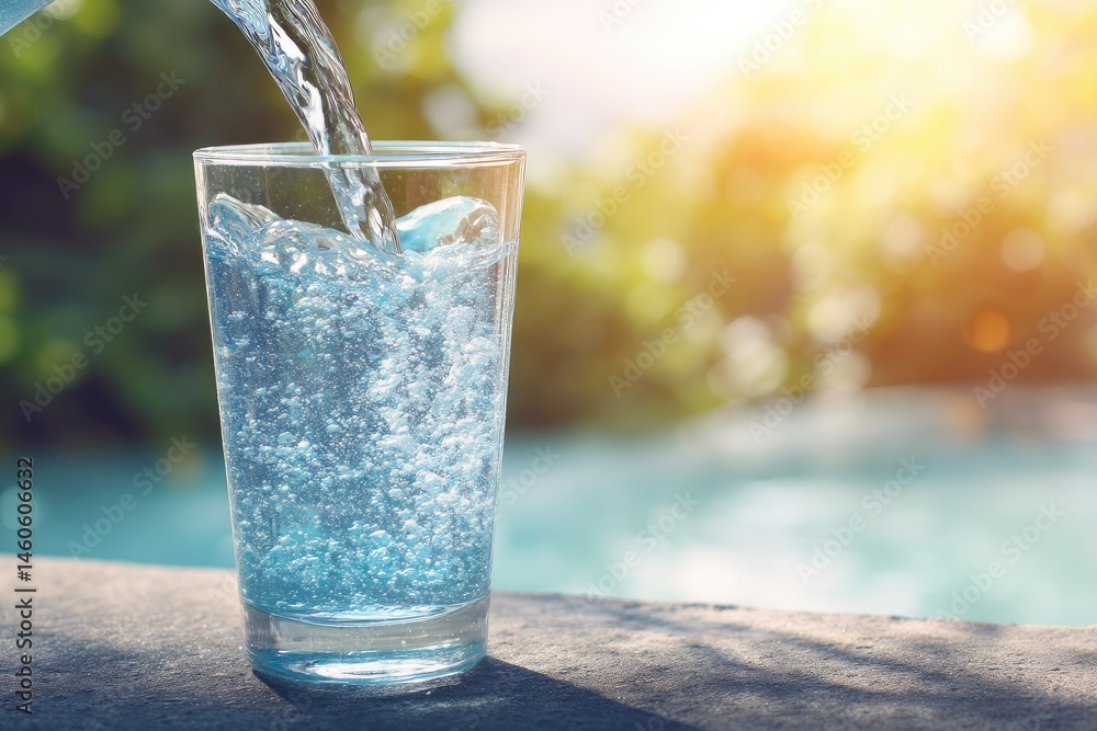 Fresh, Crystal Clear Water Being Poured into a Glass on a Sunny Day Fresh, Crystal Clear Water Being Poured into a Glass on a Sunny Day