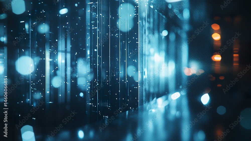 A futuristic background showcasing motion blur and bokeh effects, with reflections of towering skyscrapers shimmering in the glass panels of a sleek high-rise