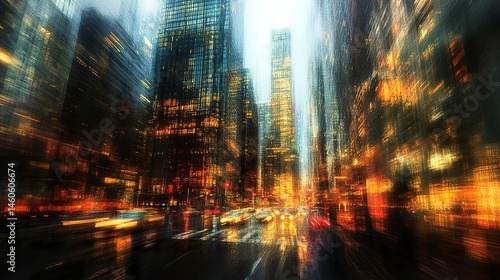 A futuristic background showcasing motion blur and bokeh effects, with reflections of towering skyscrapers shimmering in the glass panels of a sleek high-rise 