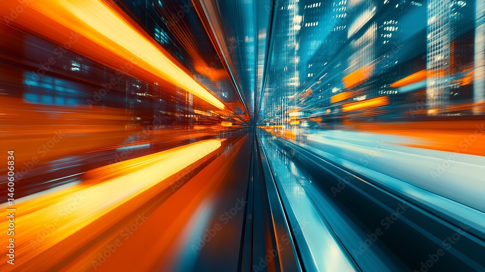 A futuristic corporate landscape reflected in the smooth glass exterior of a skyscraper, with motion blur and vibrant bokeh enhancing the depth and movement