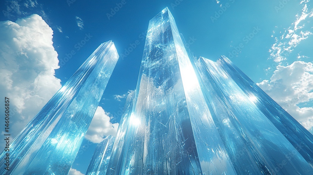 A futuristic glass and steel high-rise viewed in a 3D render, sunlight streaking over its peak and reflecting on its sleek surfaces, set against a brilliant blue sky