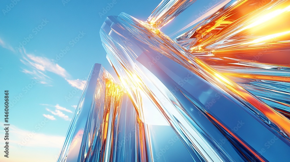 A futuristic glass and steel high-rise viewed in a 3D render, sunlight streaking over its peak and reflecting on its sleek surfaces, set against a brilliant blue sky