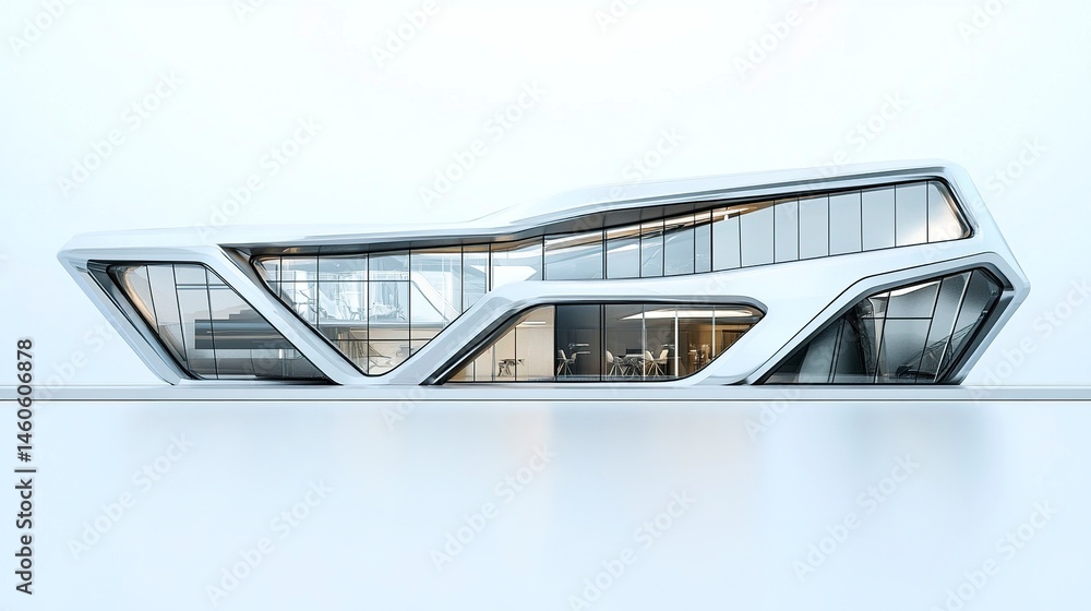 A futuristic glass office building with sleek metal accents and geometric patterns, showcased against a white background to highlight its innovative design