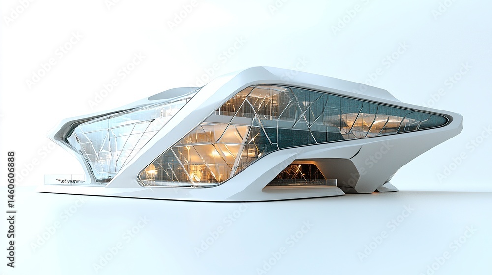 A futuristic glass office building with sleek metal accents and geometric patterns, showcased against a white background to highlight its innovative design