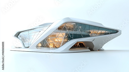 Obraz na płótnie A futuristic glass office building with sleek metal accents and geometric patterns, showcased against a white background to highlight its innovative design w salonie