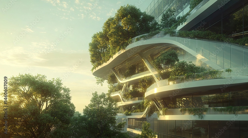 A futuristic office building with a glass exterior and trees cascading from terraces, creating a harmonious connection between urban architecture and nature; medium shot, crisp focus, eco-futurism