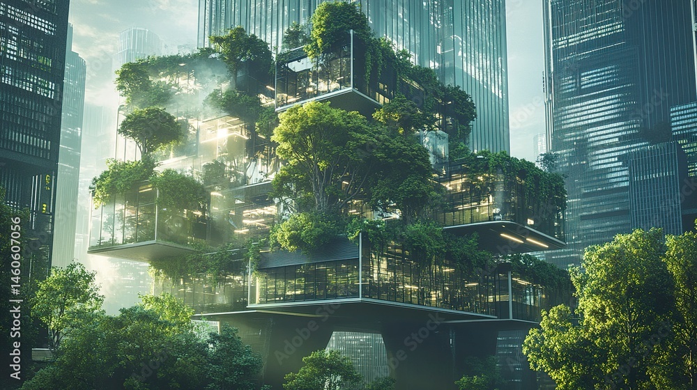 A futuristic office building with a glass exterior and trees cascading from terraces, creating a harmonious connection between urban architecture and nature