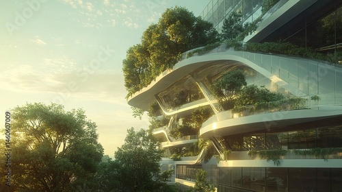 A futuristic office building with a glass exterior and trees cascading from terraces, creating a harmonious connection between urban architecture and nature; medium shot, crisp focus, eco-futurism 