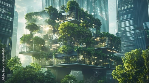 Obraz na płótnie A futuristic office building with a glass exterior and trees cascading from terraces, creating a harmonious connection between urban architecture and nature w salonie