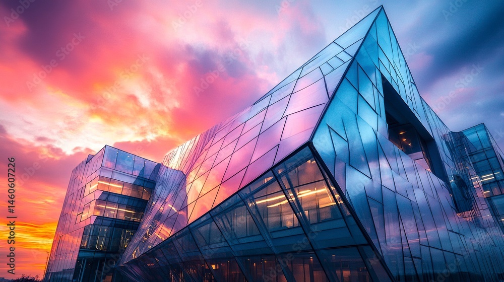 A futuristic office complex featuring angular designs and glowing lights, with reflective glass facades mirroring the colors of the evening sky