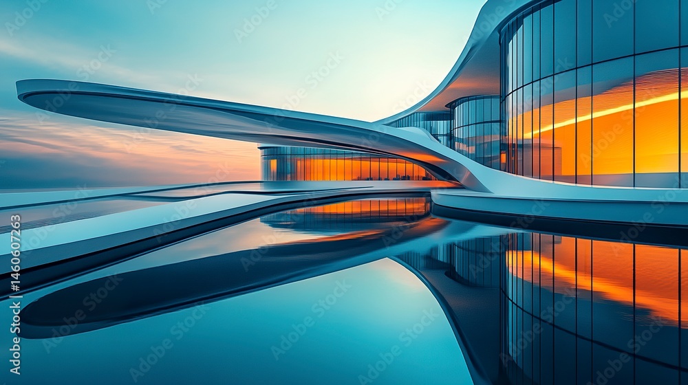 A futuristic office complex with sharp architectural lines and glowing windows, set against the deepening twilight, creating a tranquil yet vibrant evening ambiance