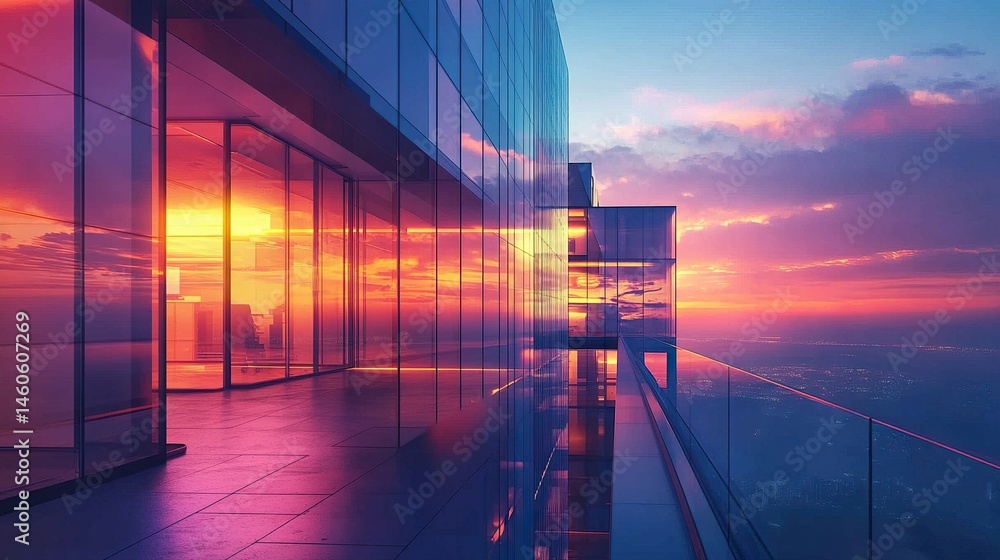 A futuristic office complex with sharp architectural lines and glowing windows, set against the deepening twilight, creating a tranquil yet vibrant evening ambiance