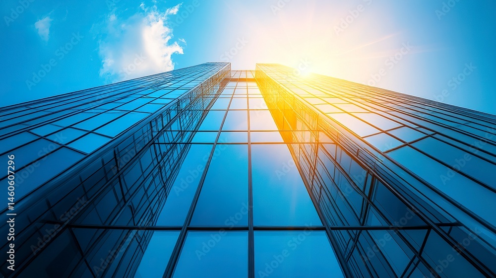 A futuristic skyscraper with a seamless glass facade and dark steel window system, the sunlight creating a dramatic effect at the peak, framed by a clear blue sky