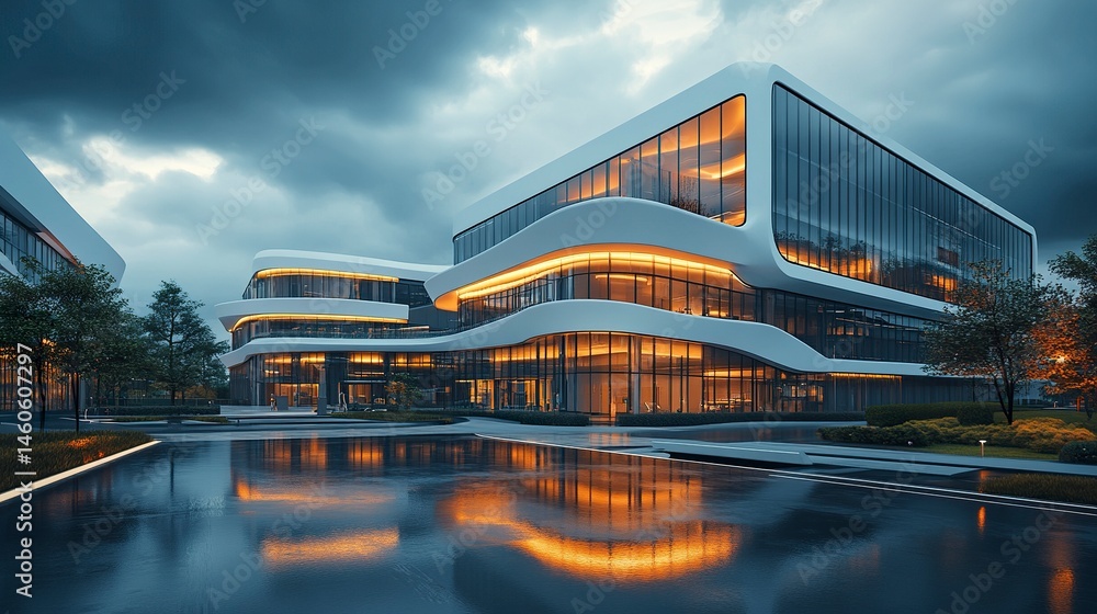 A futuristic office complex with sharp architectural lines and glowing windows, set against the deepening twilight, creating a tranquil yet vibrant evening ambiance