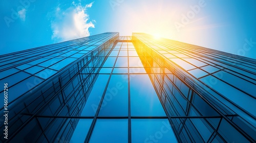 Obraz na płótnie A futuristic skyscraper with a seamless glass facade and dark steel window system, the sunlight creating a dramatic effect at the peak, framed by a clear blue sky w salonie