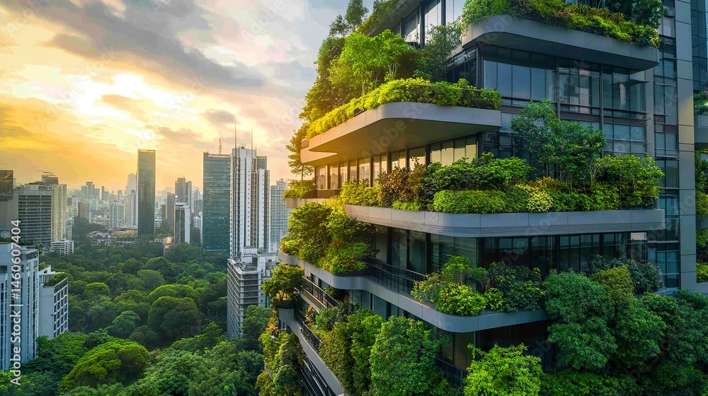 A futuristic, sustainable office building featuring lush green terraces and solar panels, surrounded by trees to enhance its carbon-reducing design in a bustling cityscape