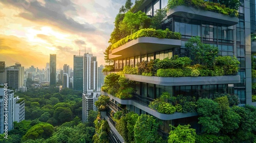 A futuristic, sustainable office building featuring lush green terraces and solar panels, surrounded by trees to enhance its carbon-reducing design in a bustling cityscape 