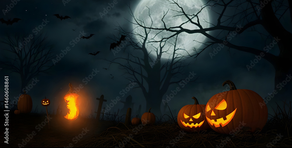 Spooky Halloween Scene With Pumpkins Background Spooky Halloween Scene With Pumpkins Background