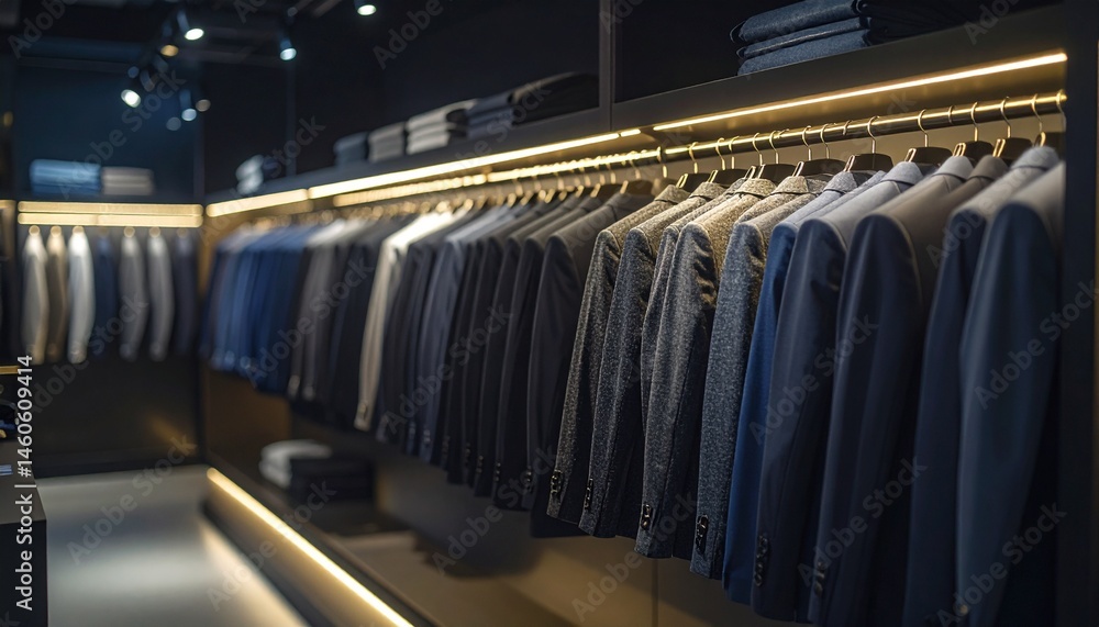 Fototapeta premium Jackets and shirts lined up on shelves in a well-lit Tongchang store