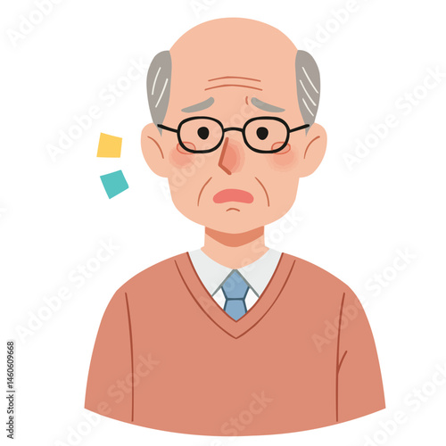 Elderly man looking worried - aged man with wrinkled face and sorrowful eyes showing anxiety and concern, sitting alone by window with twilight outside.