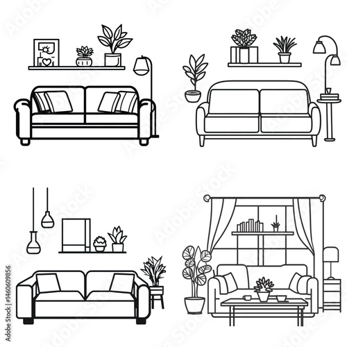 Line Art of Sofa Setups with Plant Décor in Transparent Background