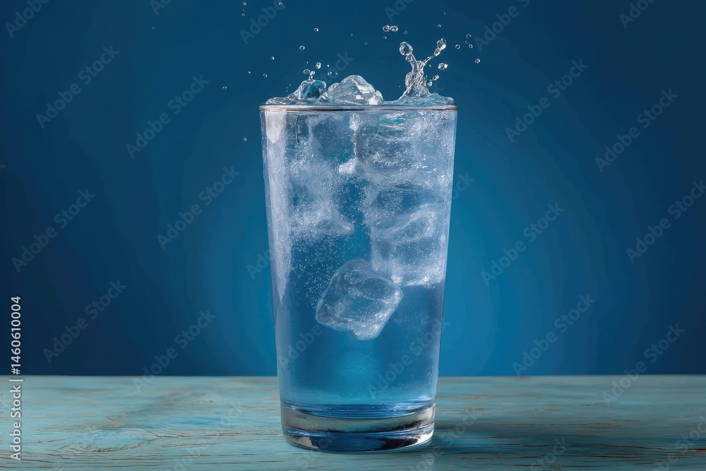 Refreshing Glass of Water with Ice Cubes Splashing in Deep Blue Setting Refreshing Glass of Water with Ice Cubes Splashing in Deep Blue Setting