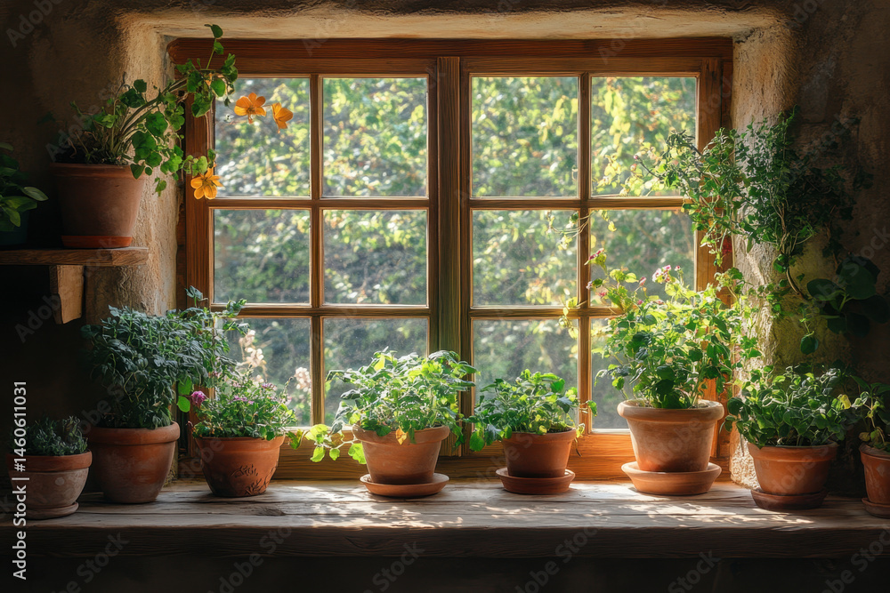 Pots of plants on a window sill. Pots of plants on a window sill.