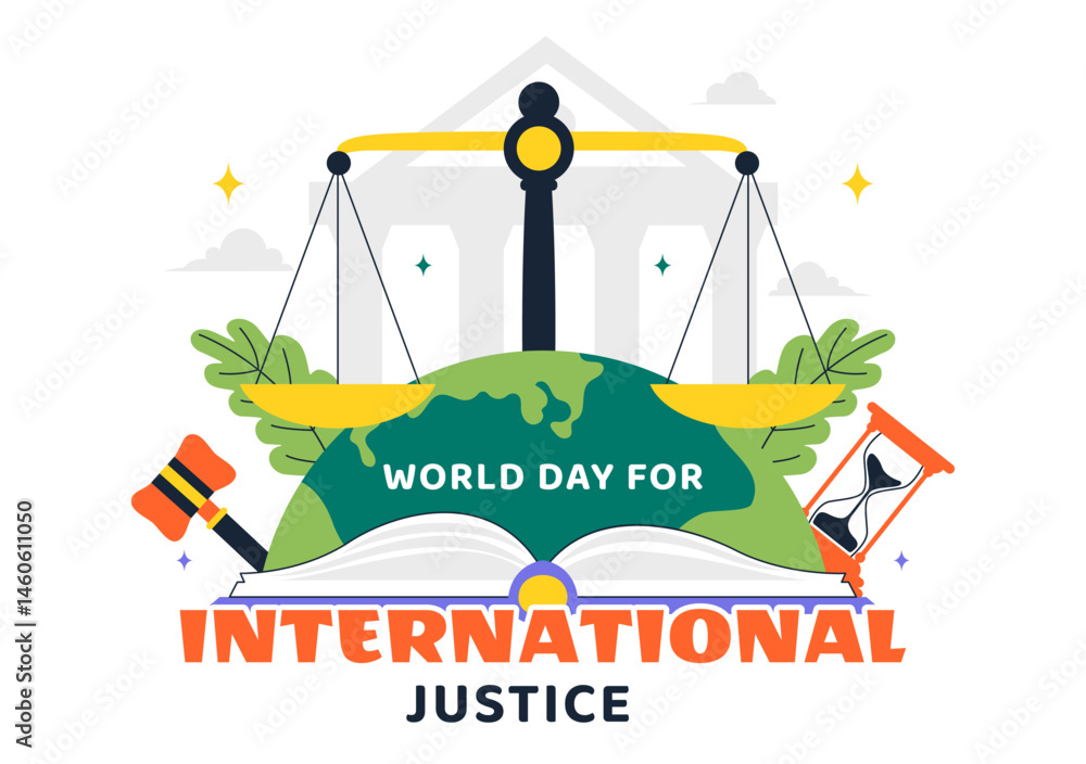 World Day for International Justice Vector Illustration on July 17 Featuring the Earth, Law Book, Scales of Justice, and Judge's Gavel in a Background World Day for International Justice Vector Illustration on July 17 Featuring the Earth, Law Book, Scales of Justice, and Judge's Gavel in a Background