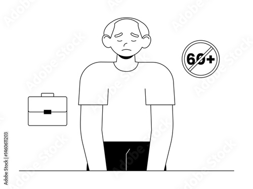 Job loss and unable to work due to old age. Social issue vector illustration. Black and white style. Flat and outline illustration concept.