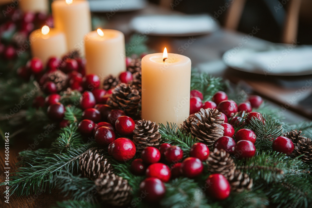 Candles and evergreen leaves decorate a Christmas table. Candles and evergreen leaves decorate a Christmas table.