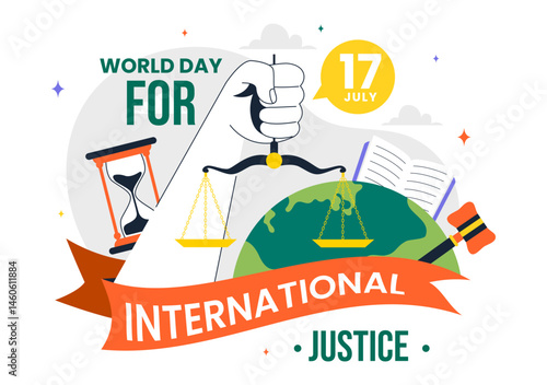 World Day for International Justice Vector Illustration on July 17 Featuring the Earth, Law Book, Scales of Justice, and Judge's Gavel in a Background