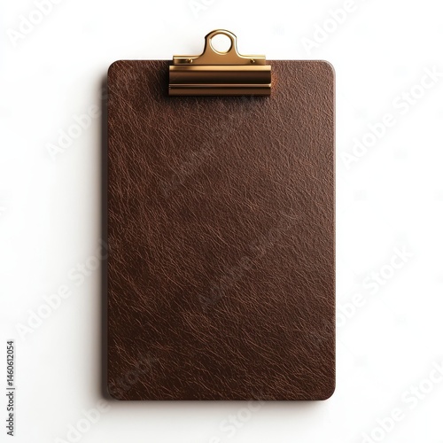 Brown Leather Clipboard with Gold Clip Isolated on White Background