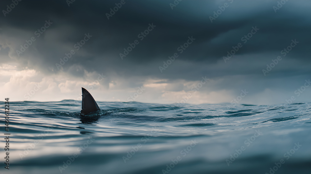 Fototapeta premium Shark fin cuts through dark waters, a sign of the predator lurking below.