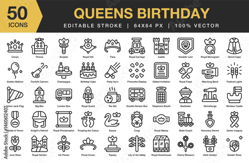 Queens Birthday icon set. Editable Stroke Icon Collection. Includes birthday, royal, queen, celebration, crown, celebrate, and More. Outline icons vector collection.
