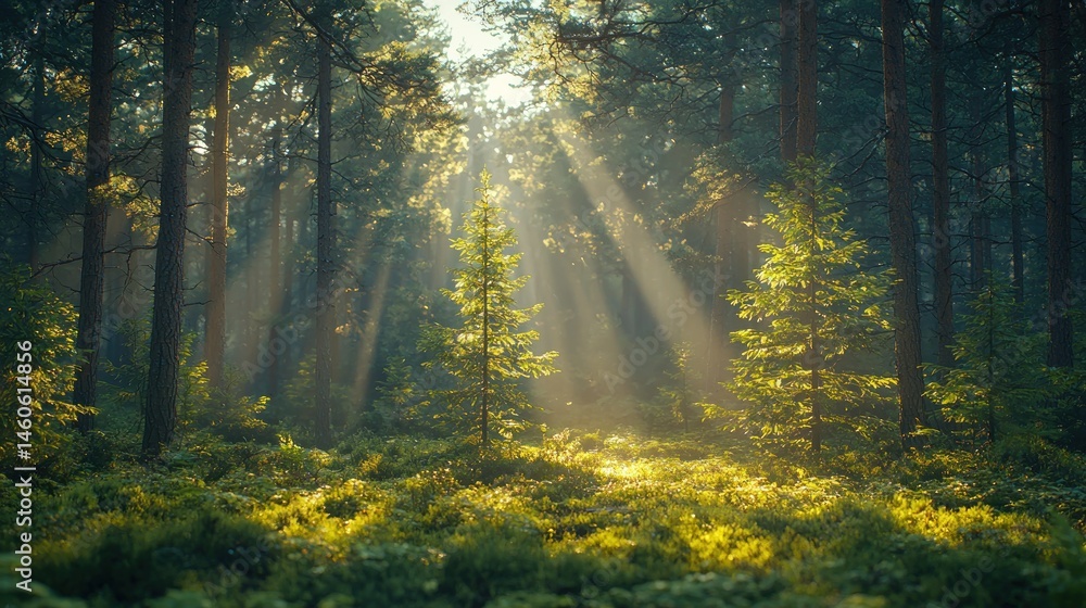 Obraz premium Sunbeams Illuminating a Mystical Forest