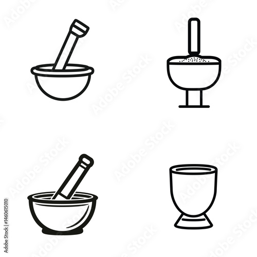 Line art set of mortar with pestle and cup icons with transparent background