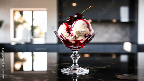 A refreshing delicious Amarena Ice Cream Gelato served on a glass