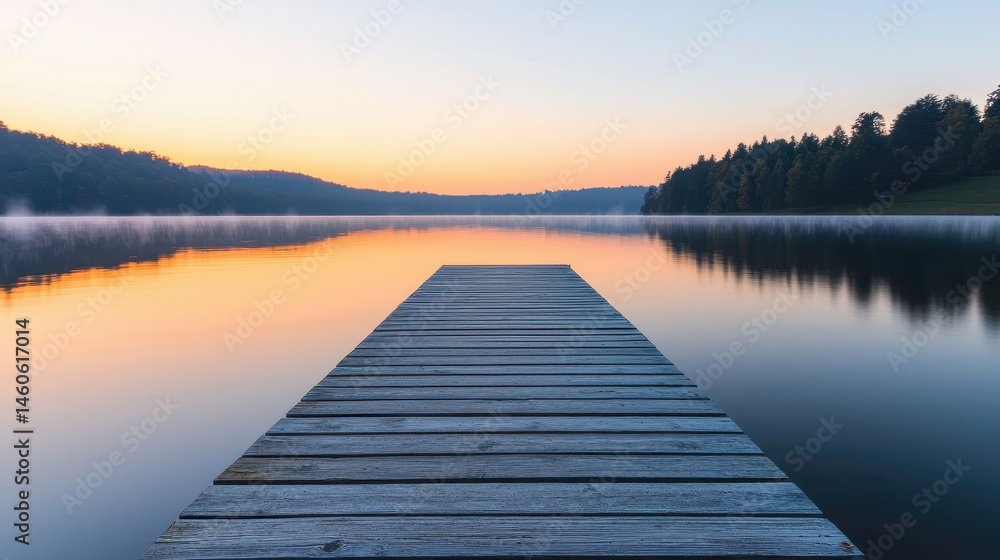 Serene Wooden Pier at Calm Lake During Beautiful Sunset Reflection Serene Wooden Pier at Calm Lake During Beautiful Sunset Reflection