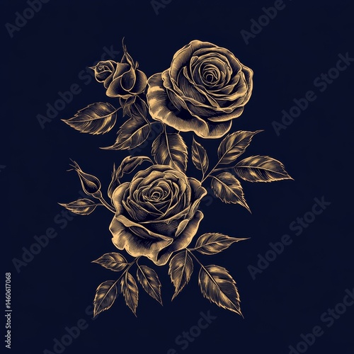 Detailed gold roses bouquet, dark background