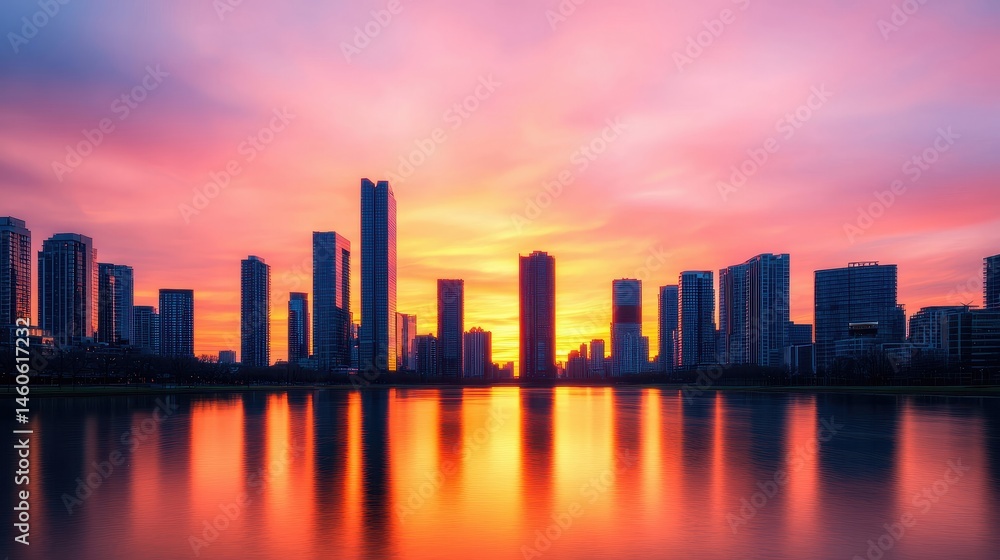 Obraz premium Stunning Sunset Over City Skyline Reflecting in Water Surface